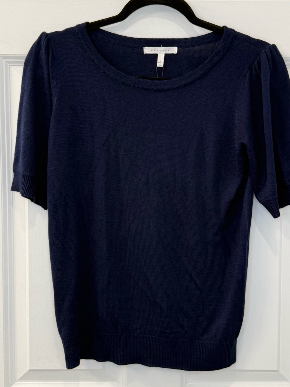 NWT Sojourn Short Story Puff Sleeve Sweater Navy Blue Small Petite